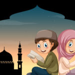 Boy and girl reading bible at mosque illustration