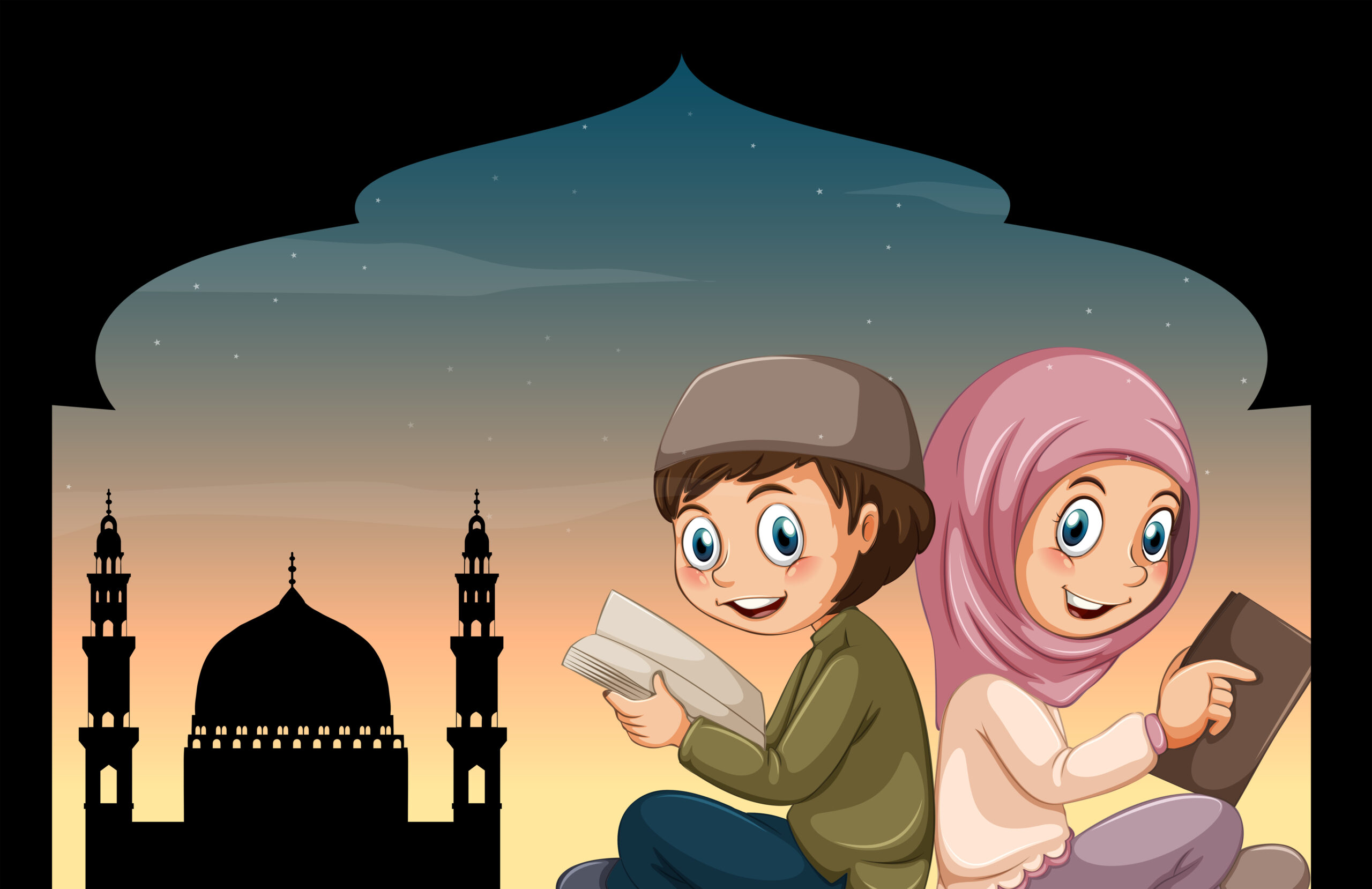 Boy and girl reading bible at mosque illustration