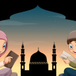 Muslim boy and girl reading books illustration