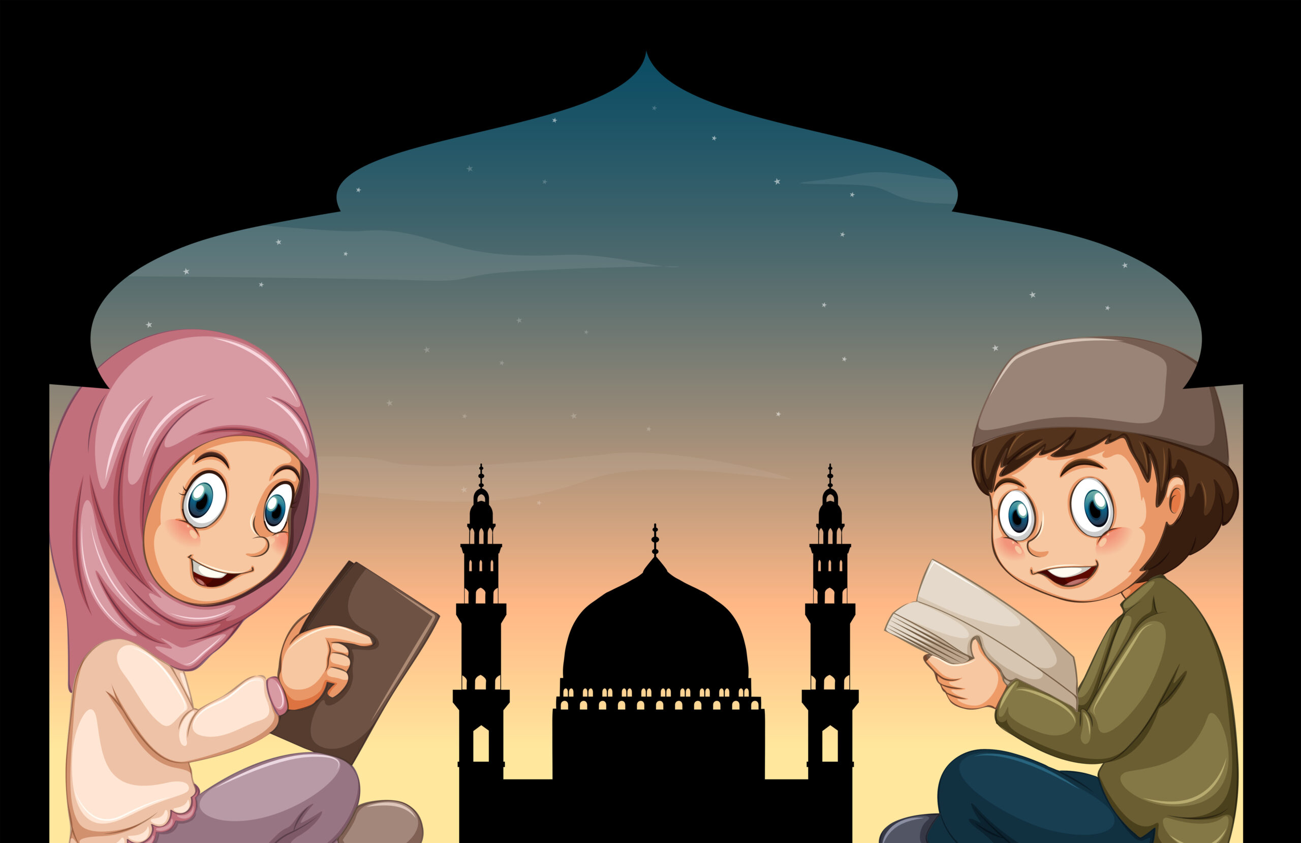 Muslim boy and girl reading books illustration